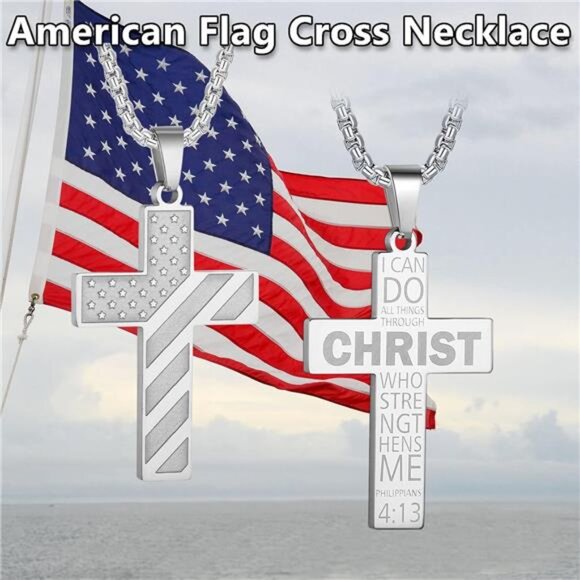 Silver American Flag Christ Cross Necklace Men Stainless Steel Box Chain 22 inch - Picture 5 of 7
